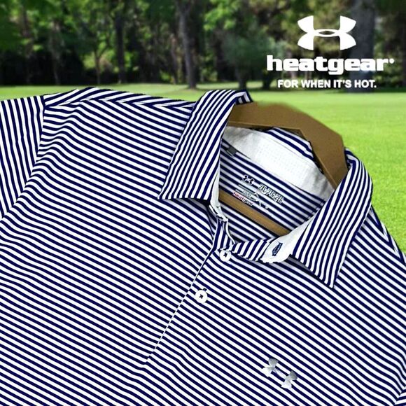 Under Armour Mens Heat Gear Golf Polo Shirt Coldback Blue White Stripe XXL 2XL - Picture 2 of 11